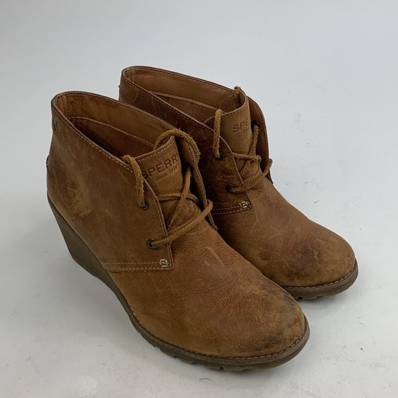 Sperry Wedge Heel leather Booties Boots Size 8.5 Light Brown Leather laces - Picture 1 of 14